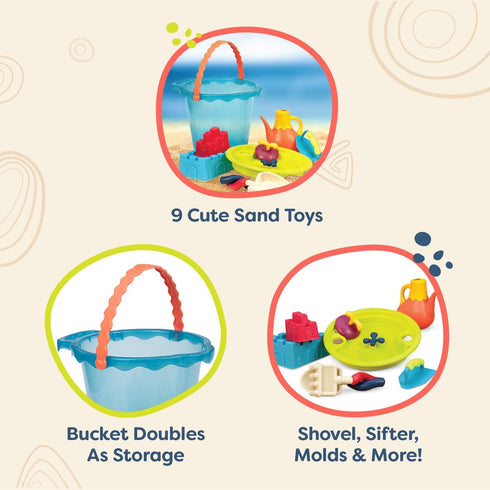 Set Playset Set 11 18 B. toys Shore Thing Large Bucket Water Play Beach Bucket (Navy) with Funky Sand Toys for Kids
