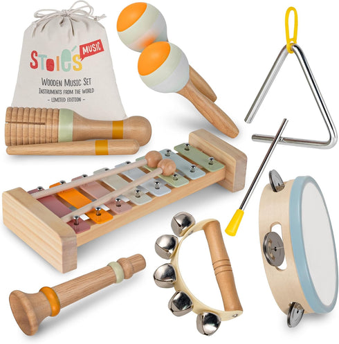 Stoie's Wooden Toddler Musical Instruments with Xylophone, Maracas, Triangle, Tamburine for Babies and Kids, Eco