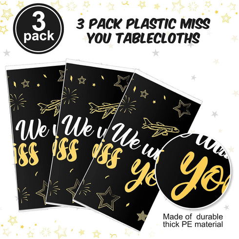 Tatuo 3 Pieces Gold We Will Miss You Tablecloth Going Away Party Decorations, Disposable Plastic Table Cover for