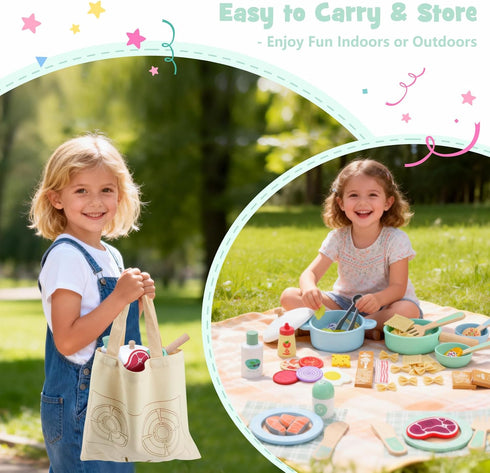 63PCS Set, Set, Sets SIMPLIPLAY Wooden Play Cooking Play Kitchen Accessories, Montessori Kitchen Play Food for Kids