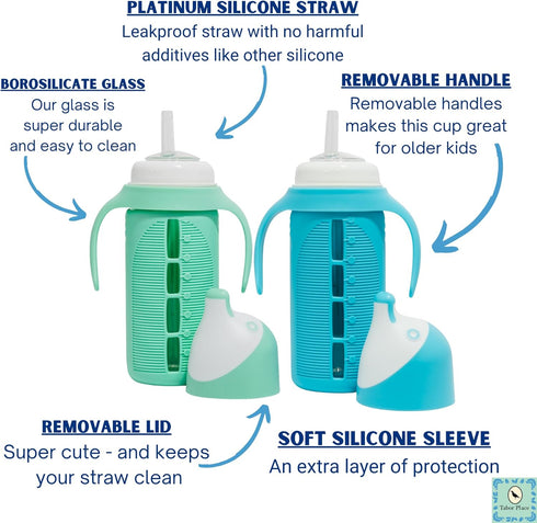 Set 2 8 oz Tabor Place of - Glass Sippy Cup for Toddlers - The Luca | Spill-Proof | Silicone Straw | Mint Green