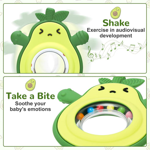 0-3-6-12 MISSLILI Teething Toy for Babies, Silicone Avocado Shape with Rattle Teether for Infants Months, Sensory Chew