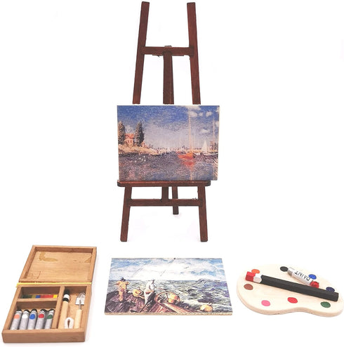 Dollhouse Miniature Wooden Easel Oil Painting Set with Palette and Watercolor Box - 1/12 Dollhouse Decoration