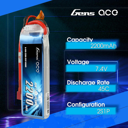 Gens ace 7.4V 2200mAh 2S 45C Pack 70MM 450 LiPo Battery Deans Plug for EDF Rc Plane Helicopter Rc Boat