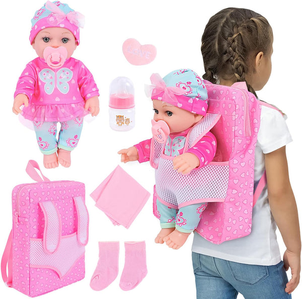 DONTNO 12 Inch Baby Doll with Clothes and Backpack Carrier,Reborn Baby Doll