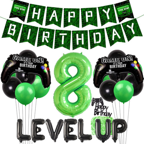 8th Birthday Decorations for Boys, Level Up Video Game Party Supplies, Green Black Balloons, Game Controller Banner