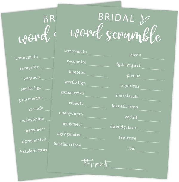 Green Theme Bridal Shower Games for 25 Guests, Bridal Word Scramble with Answer Card, Wedding Reception Party Supplies