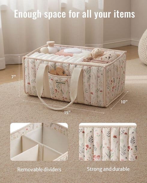 Blissful Diary Floral Diaper Caddy Organizer, Stylish Nursery Storage Basket, Gift for Baby Shower, Newborn Essentials