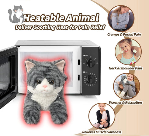 Gray Tabby Cat Stuffed Animals, Microwavable Stuffed Animal Adorable Fluffy Cat Plush for Warmth & Comfort, Heatable