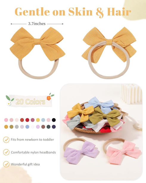 jollybows 20pcs Baby Girls Nylon Hair Bows - Headbands Elastic Hair Accessories for Kids Infants Newborn
