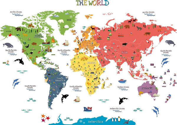 HomeEvolution Kids Educational Removable World Map Peel and Stick Large Wall Decals Stickers for Nursery Bedroom