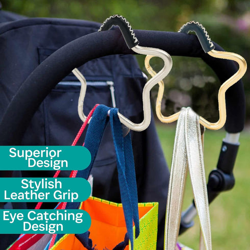 BUGGY GEAR STAR HOOK by BUGGYGEAR, Gold/Navy Leather Hook for Carrying Baby Diaper Bag on Stroller Handle Bars