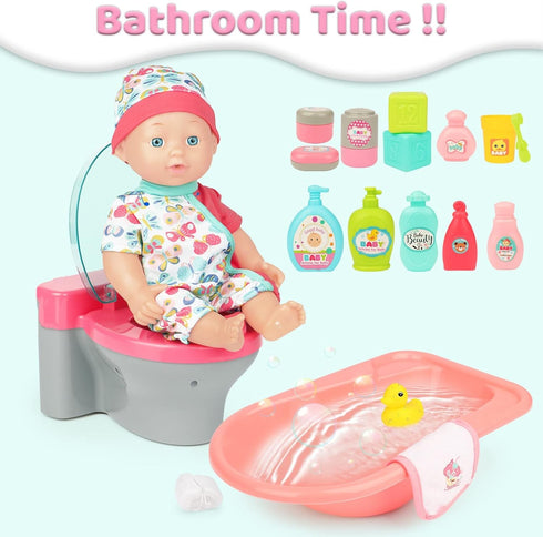 deAO Baby Doll Play Set, 25 PCS Accessories with Chair, Booster Seat, High Crib Toy, Toilet, and Bathtub