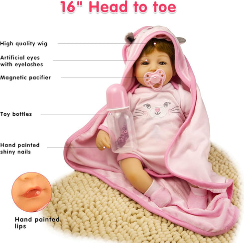 Lifelike Reborn Baby Dolls Girl, 16" Realistic Vinyl Silicone Toddler Soft Body Newborn Gift Set, 3 Years+