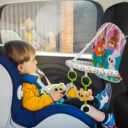 OKOOKO Rear Facing Car Seat Toy - Double-Sided Baby Travel Toy with Mirror, Plush Rattle Teether for Newborn Infant