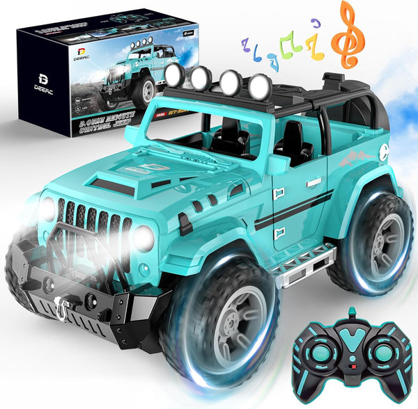 DEERC Remote Control Truck, 1:16 RC Car with Fog Mist & Music, 2.4GHz All Terrain SUV Gifts for Boys