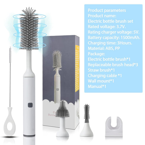 Set Electric Baby Bottle Brush with Rechargeable Electric Bottle Brush Cleaner and Replaceable Silicone Bottle Brushes
