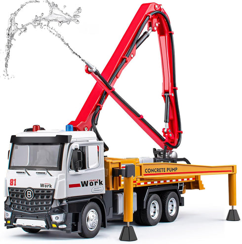 Concrete Pump Truck Toy, Diecast Construction Trucks with Working Water Pump, Lights and Sounds for Kids