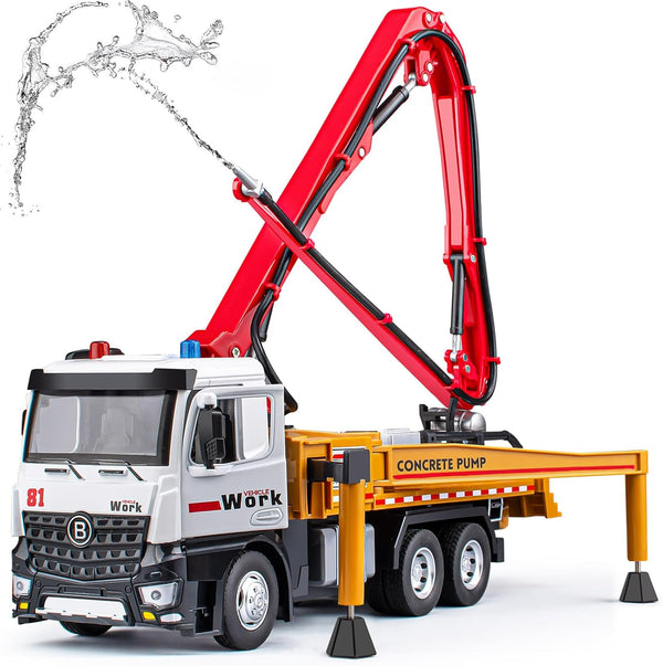 Concrete Pump Truck Toy, Diecast Construction Trucks with Working Water Pump, Lights and Sounds for Kids