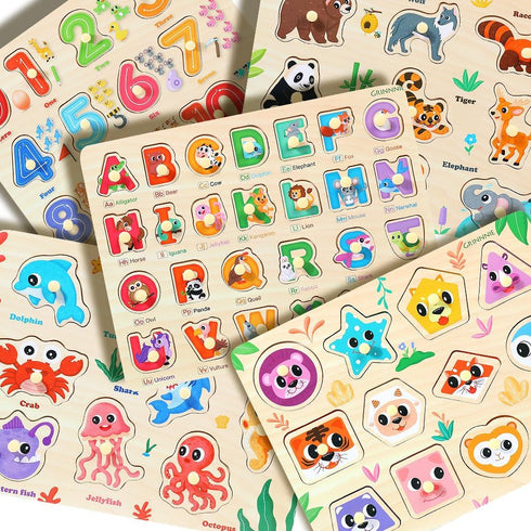3 4 5 5PCS GRINNNIE Wooden Puzzles for Toddlers Years Old, Montessori Toddler Toys Peg Puzzles with Knob - Number