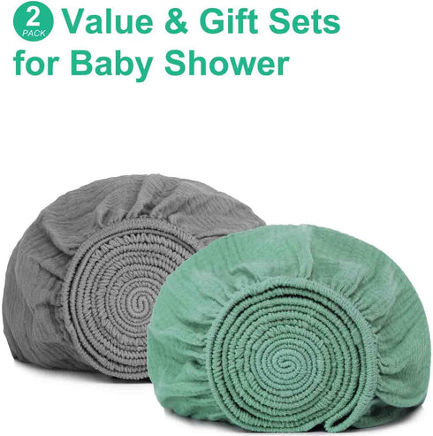 2 Pack 28"x 52" Green & Grey Muslin Cotton Crib Sheets for Girls & Boys-Neutral Breathable Crib Mattress Protector