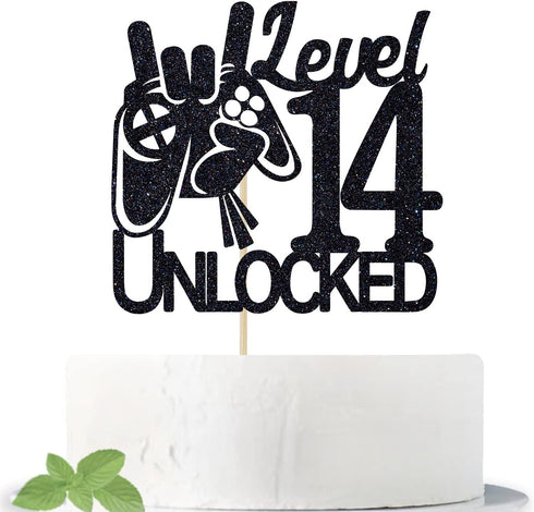 Cos mos Video Game Level 14 Unlocked Birthday Cake Topper - Black Glitter for Boys 14th Birthday Decorations