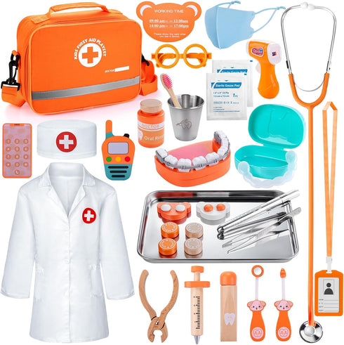 Kids Dentist Play Set, Wooden Doctor Kit for Toddlers 3-5 with Real