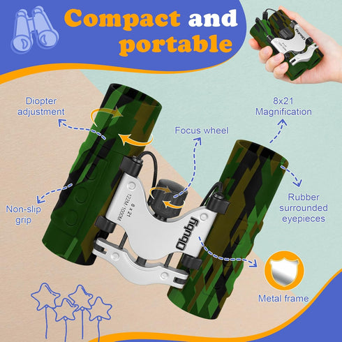3-12 8x21 Obuby Real Binoculars for Kids Gifts for Years Boys Girls High-Resolution Optics Compact Toy Binocular