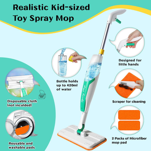 Set Kids Spray Mop Toy Toddler Cleaning with Real Water Sprayer, Microfiber Mop Pads & Scraper Pretend Play Montessori