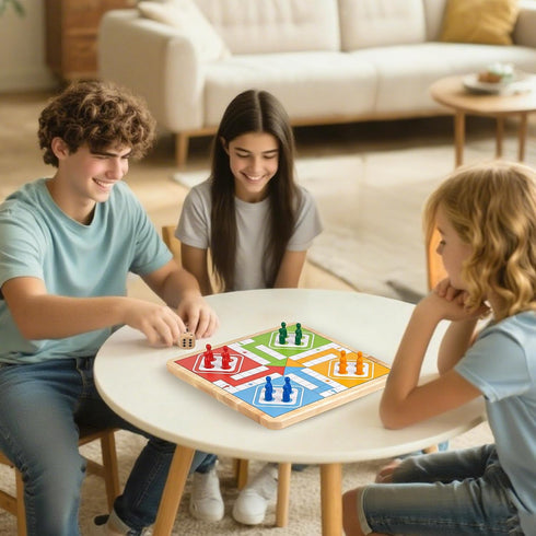 12 Inch 2-in-1 Set Wooden Ludo & Snakes Board Game, Reversible Travel with Storage Bag & Organizer Box (All-in-One