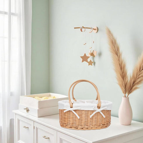 Handwoven Wicker Diaper Caddy Organizer, Multi - functional Baby Diaper Bag for Nursery & Home Storage, Detachable