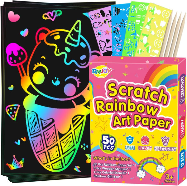 Rainbow Scratch Paper Art for Kids: 60PCS Magic Arts Crafts Gifts for Girls Boys Ages 4-9, Birthday Family Activities