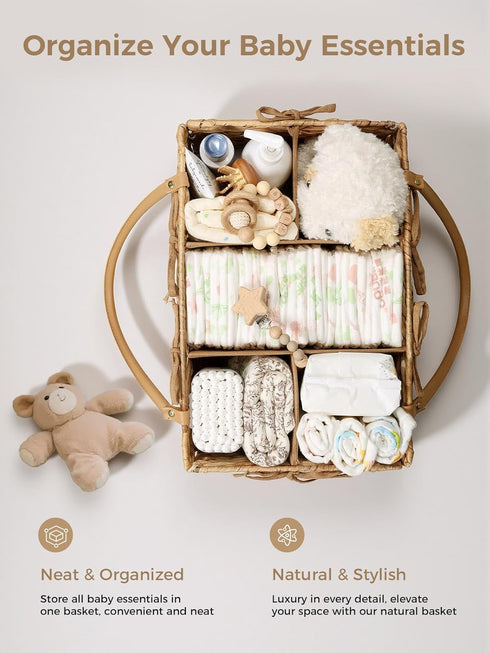 Diaper Caddy Organizer, Hand Rattan Nursery Storage Basket for Baby Essentials, Baby Changing Table Organizer Perfect