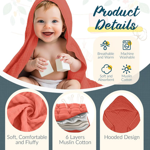 VitalCozy 12 (32 32 Inch,Colorful) Pcs Baby Muslin Hooded Bath Towels and Washcloths Muslin Cotton Hooded Baby Towels