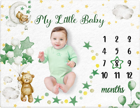 Sleeping Bear Monthly Baby Milestone Blanket Bear Star Balloon Flannel for Boys Girls Nursery (Green)