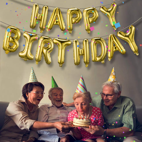 TONIFUL 3D Gold Happy Birthday Banner with Ribbon Straw, 16 Inch Mylar Foil Letters for Kids & Adults Birthday Supplies
