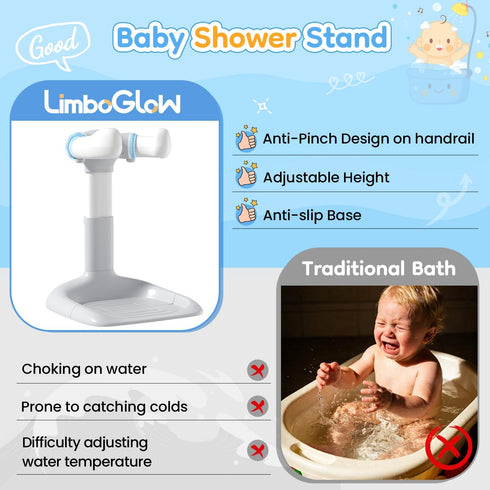 LimboGlow Anti-Pinch 6-36 Upgraded Baby Shower Stand with Silicone & Anti-Slip Base, Adjustable Height Baby Bath