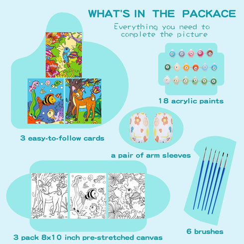 3 Pack Paint by Numbers for Kids Ages 8-12, 10*8"Color by Number for Kids Framed Canvas with 17 Acrylic Paint Pots and 6 Brushes, Kids'paint by number, Arts and Crafts Art Supplies for Kids 9-12 by Volmop