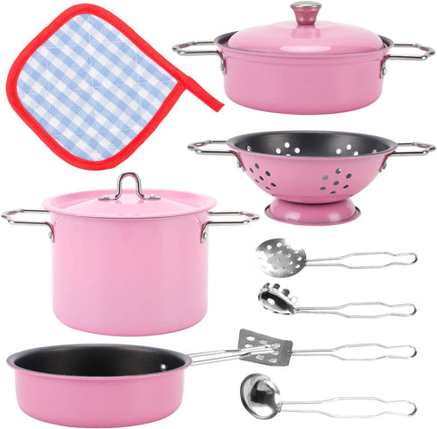 Kids Stainless Steel Play Kitchen Set, 11 Piece Pretend Play Pots and