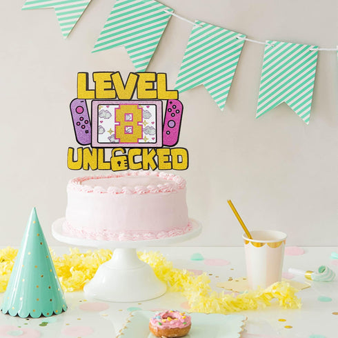 Girls Level 8 Unlocked Cake Topper, Glitter Gaming 8th Birthday Decoration, Video Game Theme Party Favor