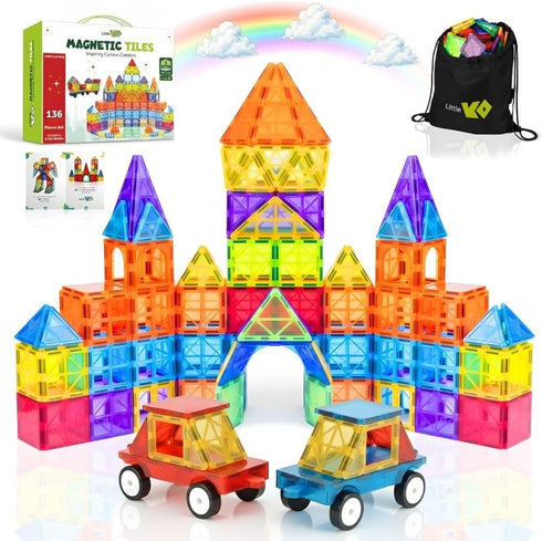Magnet Tiles for Kids 136 PCS with 2 Cars Bases, STEM Magnetic