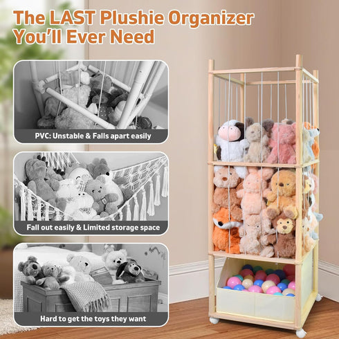 BENCHRY Stuffed Animal Storage with Tiny Toys Tray, Wood Stuffed Animal Zoo Storage with Brake Wheels, Space-Saving