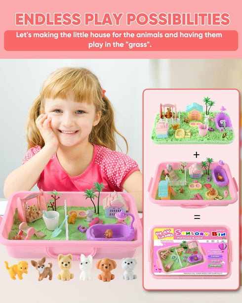 sikmcle 36 PCS Pet Sensory Bin Moldable Sensory Sand Kit and Sandbox with Lid Dog and Cat Toddler Toys for Kids Gifts
