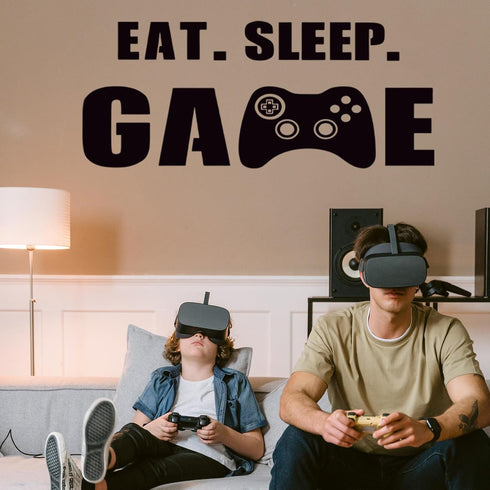 Eat Sleep Game Wall Decal for Boys Room, Video Game Decor with Gaming Controller Stickers, Classic Style