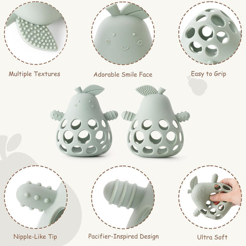 Baby Teething Toy Silicone Teether for Infants, Pear-Shaped Design with Easy-Grip Hole and Nipple-Shaped Ends for Gum