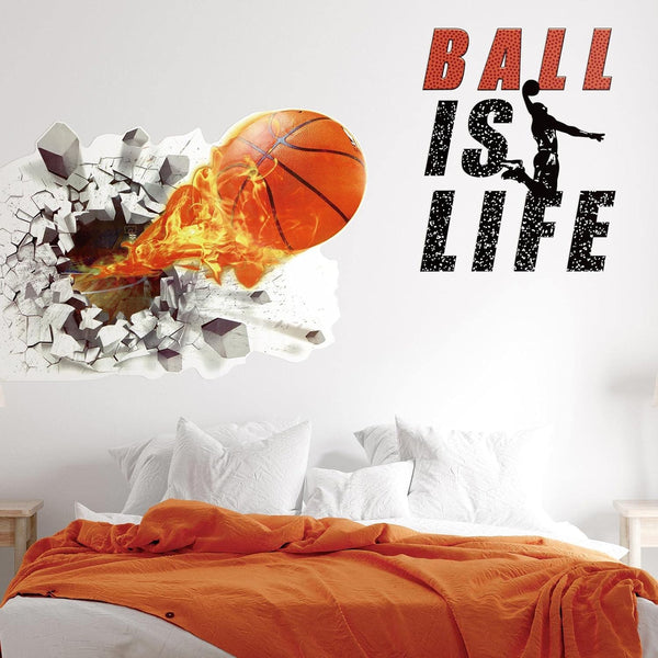 Basketball Wall Decor, 18 x 38 Inch 3D Self Adhesive Removable Wall Decal Stickers for Boys Bedroom