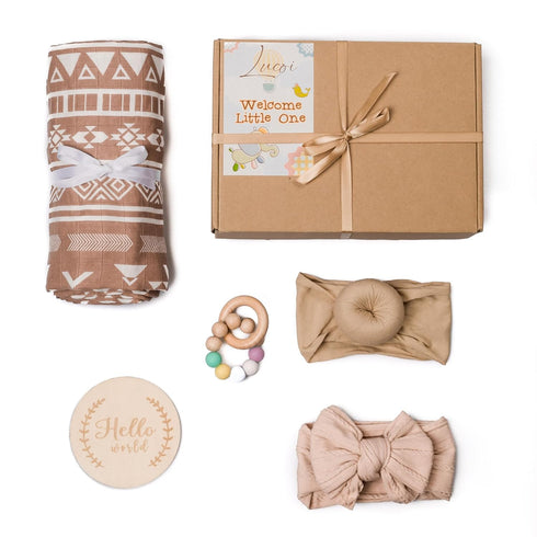 Set 5-Piece Baby Girl Gift - Baby Girl Shower Gifts with Muslin Swaddle Blanket, Wooden Teether, Headbands & Hello