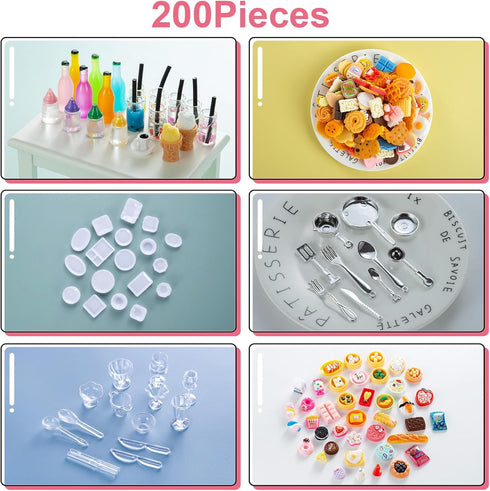 200 Pcs Dollhouse Miniature Food & Drinks - Kitchen Accessories for 1/12 Doll House, Fake Resin Pretend Game