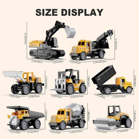 Alloy Mini Construction Vehicles, 8Pcs Die-cast Set, Excavators, Mixer Truck, Bulldozers, Pull Back Toys for Kids