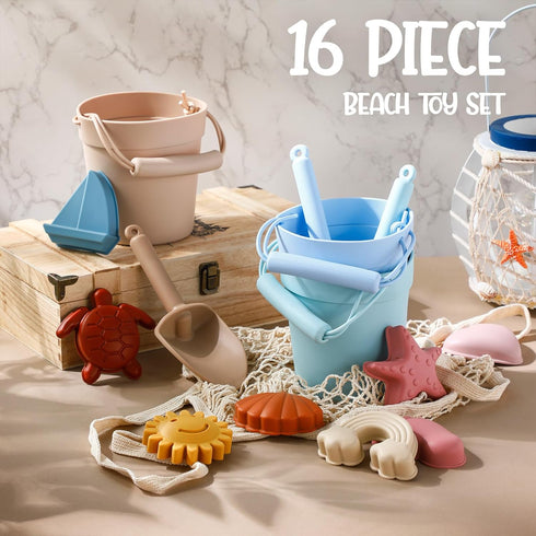 Hungdao 16 Pcs Colorful Silicone Beach Toys Set, Includes 3 Buckets, 3 Shovels, 9 Molds, 1 Beach Bag
